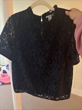 H&M Navy Floral Lace Short Sleeve Top